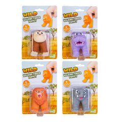 Four colorful animal-themed Wild Walking Finger Puppet toys in packaging, designed to engage and entertain children.
