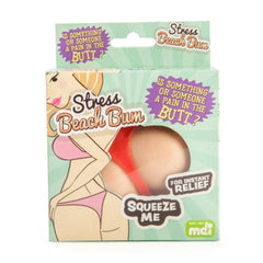 Stress Beach Bum squishy sensory toy shaped like a cartoon beach bum in red swimwear for instant relief.