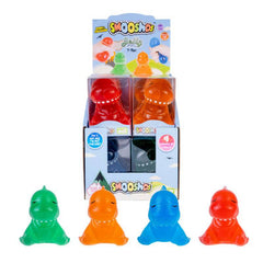 Colorful red, orange, blue, and green T-Rex Smoosho's Jelly Pal sensory fidget toys to calm and connect.