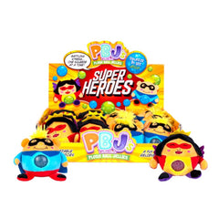 Display of Super Heroes Plush Ball Jellies fidgets in colorful superhero plush designs to calm and support families.