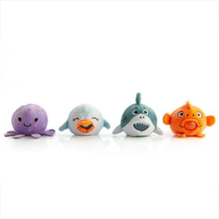 Sea Animal Plush Ball Jellies set featuring soft, colorful octopus, penguin, shark, and clownfish plush toys.