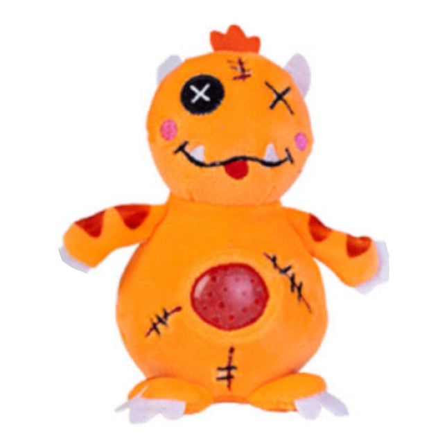 Orange plush Jellyroos Monster with stitched details and textured red sensory squishy on its belly.