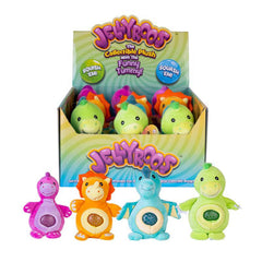Jellyroos Dino Mates squishy sensory plush toys in bright colors, helping families thrive with calm and connection.