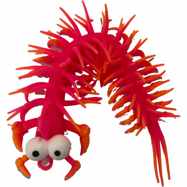 Bright red and orange stretchy centipede sensory toy with large eyes, designed for tactile play and stress relief