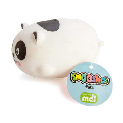 White and gray squishy pug toy labeled Smoosho's Pets, sensory fidget helping families thrive with calm support
