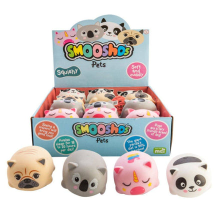 Display box of Smoosho's Pets sensory squishy toys including pug, koala, unicorn, and panda designs helping families thrive with tools to calm