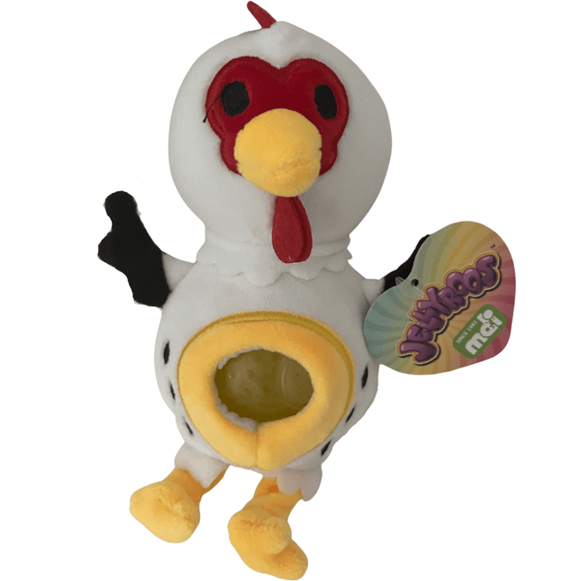 Soft white and yellow chicken squishy toy with red details and tag, Jellyroos Farm Mates, sensory fidget aid.