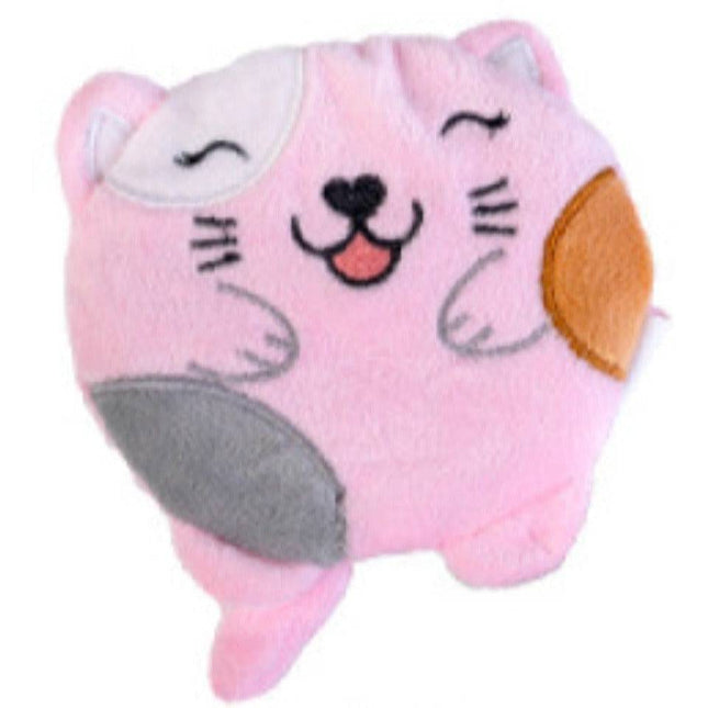 Soft pink cat-shaped sensory toy with gray and orange patches, part of Sandbagger Pals helping families thrive.