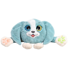 Soft blue and white plush puppy toy with colorful eyes and padded paws, designed as Melliboo Puppy Boo sensory aid.