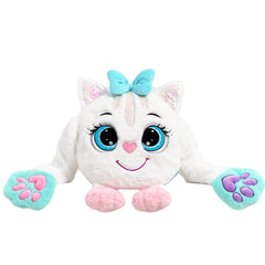 Melliboo Meow Boo soft plush toy with big blue eyes, pastel paws, and a blue bow, designed as a sensory aid.