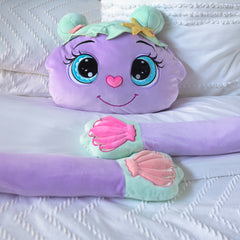 Soft purple sensory toy with large eyes and long arms, featuring shells and star decorations, Melliboo Sleeping Mermaid Boo