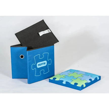 Sensory Floor Tiles Storage Box with blue puzzle design, helping families thrive with tools to calm, connect and support