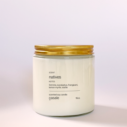 NATIVES DOUBLE WICKED SOY CANDLE (16oz / 453g) with gold lid, calming scent to help families thrive and support wellbeing.