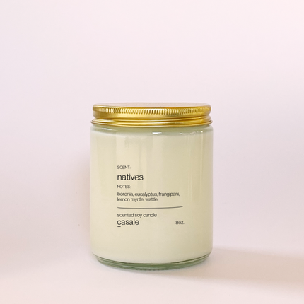 NATIVES SINGLE WICKED SOY CANDLE (8oz / 226g) in glass jar with gold lid, helping families thrive with tools to calm, connect and support.