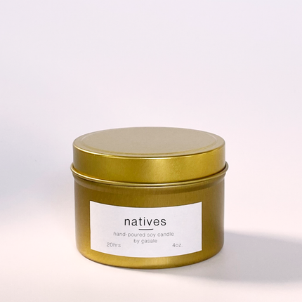 NATIVES TRAVEL TIN SOY CANDLE (4oz / 135g) in gold tin, hand-poured soy, supporting calm sensory experiences.