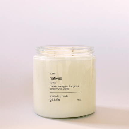 NATIVES DOUBLE WICKED SOY CANDLE (16oz / 453g) in clear jar with natural scent to calm, connect and support.