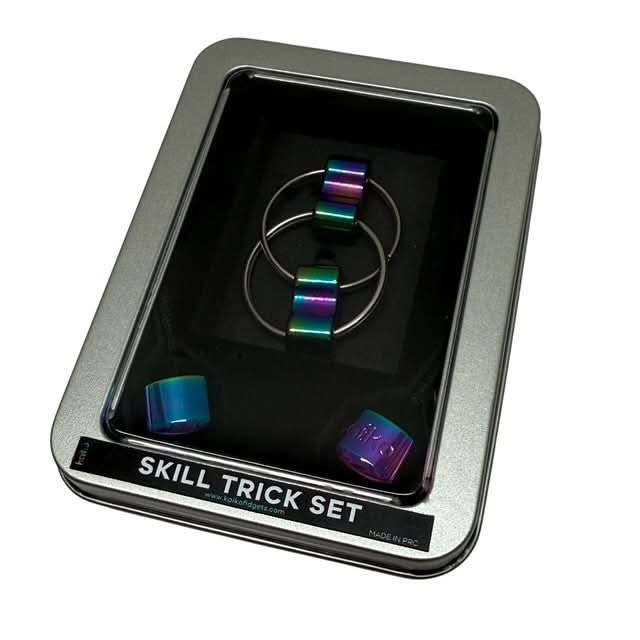 Skill Trick Set - Metal Oil Slick Begleri & Luxe Loop Fidget Set with iridescent metal rings displayed in silver tin box