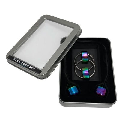 Skill Trick Set - Metal Oil Slick Begleri & Luxe Loop Fidget Set displayed in silver tin with black foam insert.