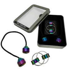 Skill Trick Set - Metal Oil Slick Begleri & Luxe Loop Fidget Set with colorful metal fidget toys in a tin box.