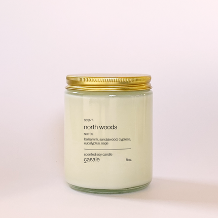 NORTH WOODS SINGLE WICKED SOY CANDLE (8oz / 226g) with gold lid, natural soy wax, calming sensory product. Helping families thrive.