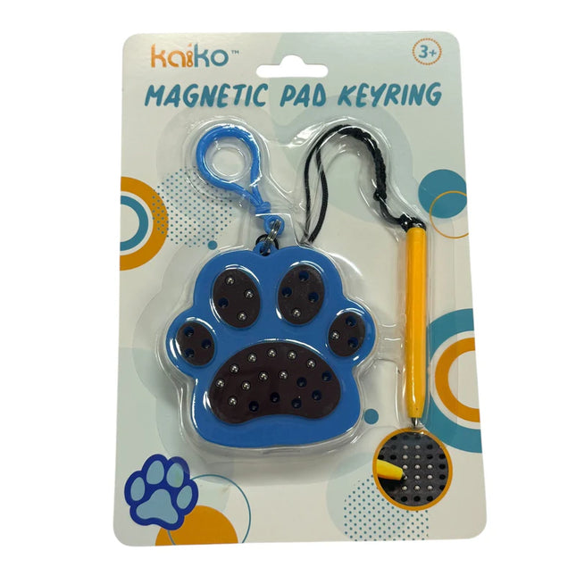 Paw Magnetic Pad Keyring in blue shaped like a paw print with attached yellow magnetic stylus on a black string, packaged on a card backing.