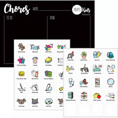 Chore Chart Set (A4) with illustrated task stickers and blackboard for organizing daily chores and routines