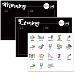 Morning & Evening Routine Set (A4) with magnetic daily task charts and illustrated activity icons for children.