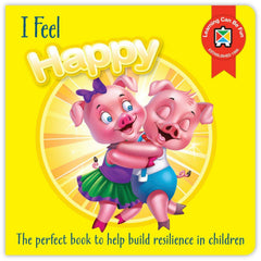 I Feel Happy Book cover showing two joyful pigs hugging, helping families thrive with tools to calm and connect