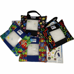 Set of colorful Exploratory Bags with clear windows showcasing tactile sensory materials inside