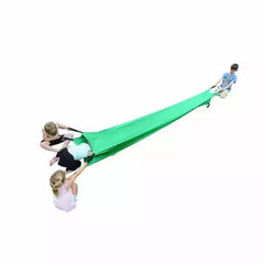 Children playing with a bright green Lycra Tunnel sensory stretch fabric for active engagement and fun.