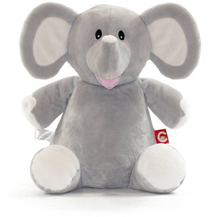 Soft grey cuddly elephant plush with large ears and white accents, Weighted Animals - Elephant sensory toy.