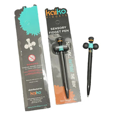 Sensory Fidget Pen by Kaiko - with Quiet Spinner Feature shown in packaging and alone with black and teal colors.