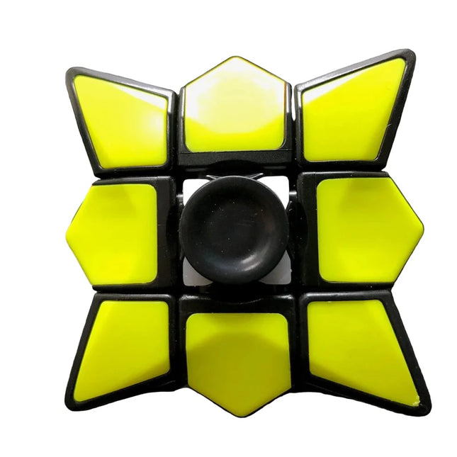 Yellow & White Cube Spinner with bright yellow segments and a central black spinning button for sensory play.