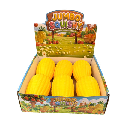 Squishy Jumbo Corn yellow sensory fidget toy in a colourful display box