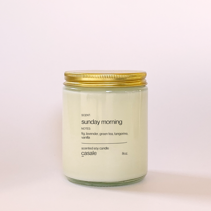 SUNDAY MORNING SINGLE WICKED SOY CANDLE (8oz / 226g) in clear jar with gold lid, calming morning scent blend. Helping families thrive with tools to calm, connect and support.