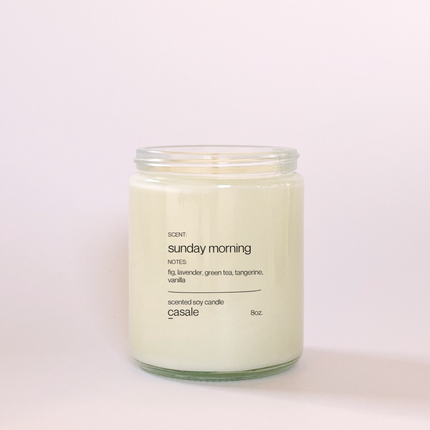 SUNDAY MORNING SINGLE WICKED SOY CANDLE (8oz / 226g) in clear glass jar with scent details helping families thrive.