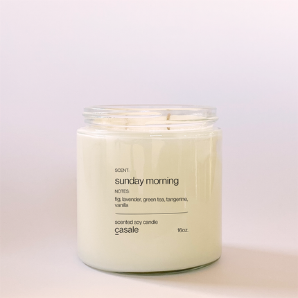 SUNDAY MORNING DOUBLE WICKED SOY CANDLE (16oz / 453g) in clear jar with calming scent notes, helping families thrive with tools to calm.