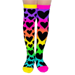 Sunset Socks with colorful rainbow stripes and black heart patterns, designed to help families thrive with calm and support.