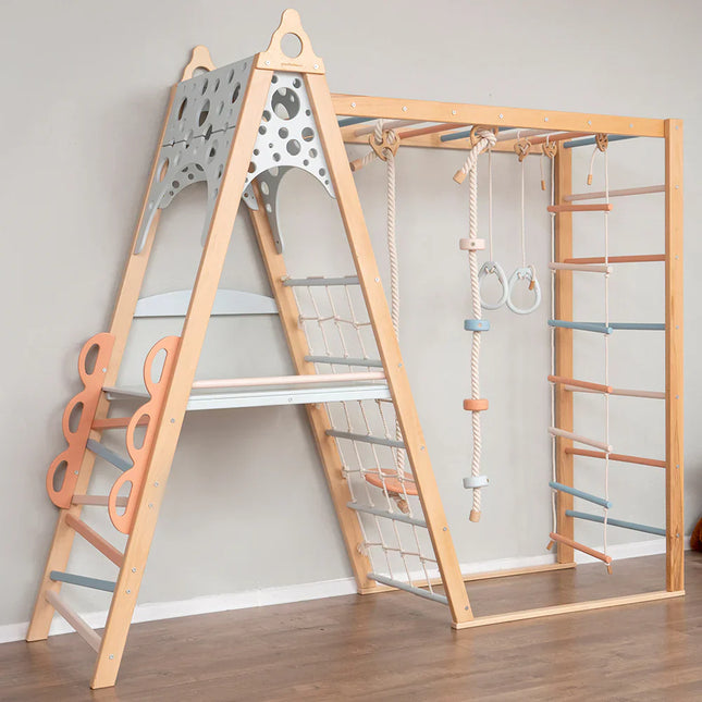 Wooden Teepee Playground with climbing ladder, rope swing, gymnastic rings, and wooden play structure for kids.