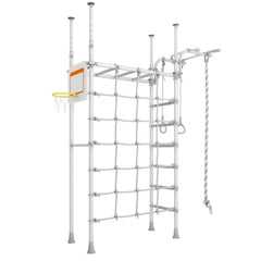 Swedish Home Play gym set - No Drill featuring climbing net, rope, rings, ladder, and basketball hoop for active play.