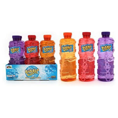 Six colorful bottles labeled Bubbles - 940ml Bottle arranged in two rows with purple, orange, and red liquid inside.