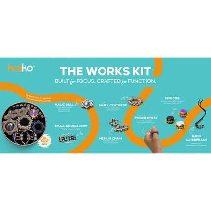 The Works Fidget Kit sensory tools including magic ball, small centipede, finger spikey, mini cog, and hand caterpillar