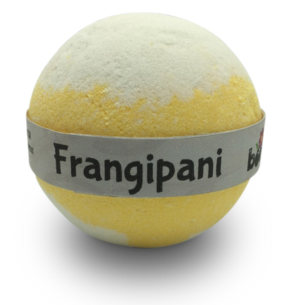 Wild Frangipani Bubble Bath Bomb in yellow and white, promoting calm, connection, and support for families.
