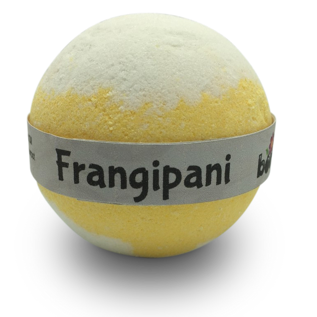 Wild Frangipani Bubble Bath Bomb in yellow and white, promoting calm, connection, and support for families.