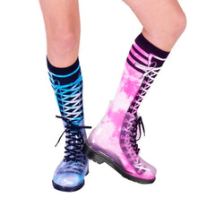 Legs wearing colorful Tie Dye Socks designed to resemble laced boots, promoting comfort and sensory support.