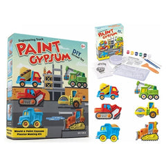 Mould & Paint Gypsum Plaster Kit - Trucks & Diggers with paint pots, brushes, and colorful vehicle molds for sensory play.
