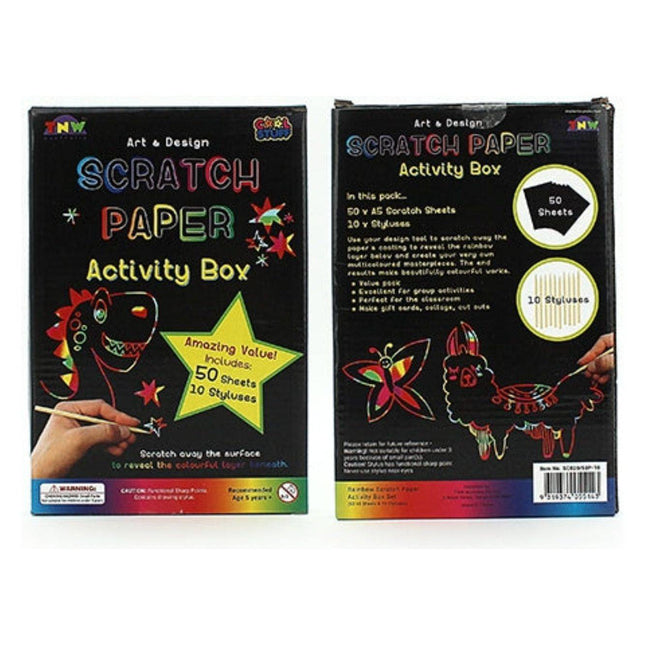 Scratch Paper Activity Box (50 A5 SHTS, 10 STKS) showing colorful scratch art designs on black sheets, calming creative tool.