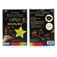 Scratch Paper Activity Box (50 A5 SHTS, 10 STKS) showing colorful scratch art designs on black sheets, calming creative tool.