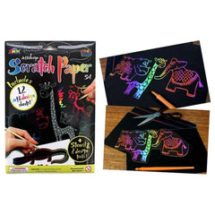 Scratch Paper Kit (12 A5 SHTS, 2 STKS, 1 STENCIL) with colorful animal designs, stencil, and tools for creative play.