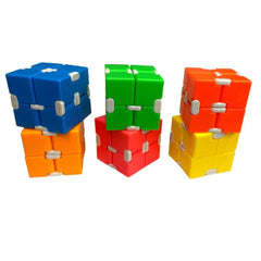 Infinity Cube (Neon Assorted) fidget toy set in bright blue, green, red, orange, and yellow colors to calm and focus.